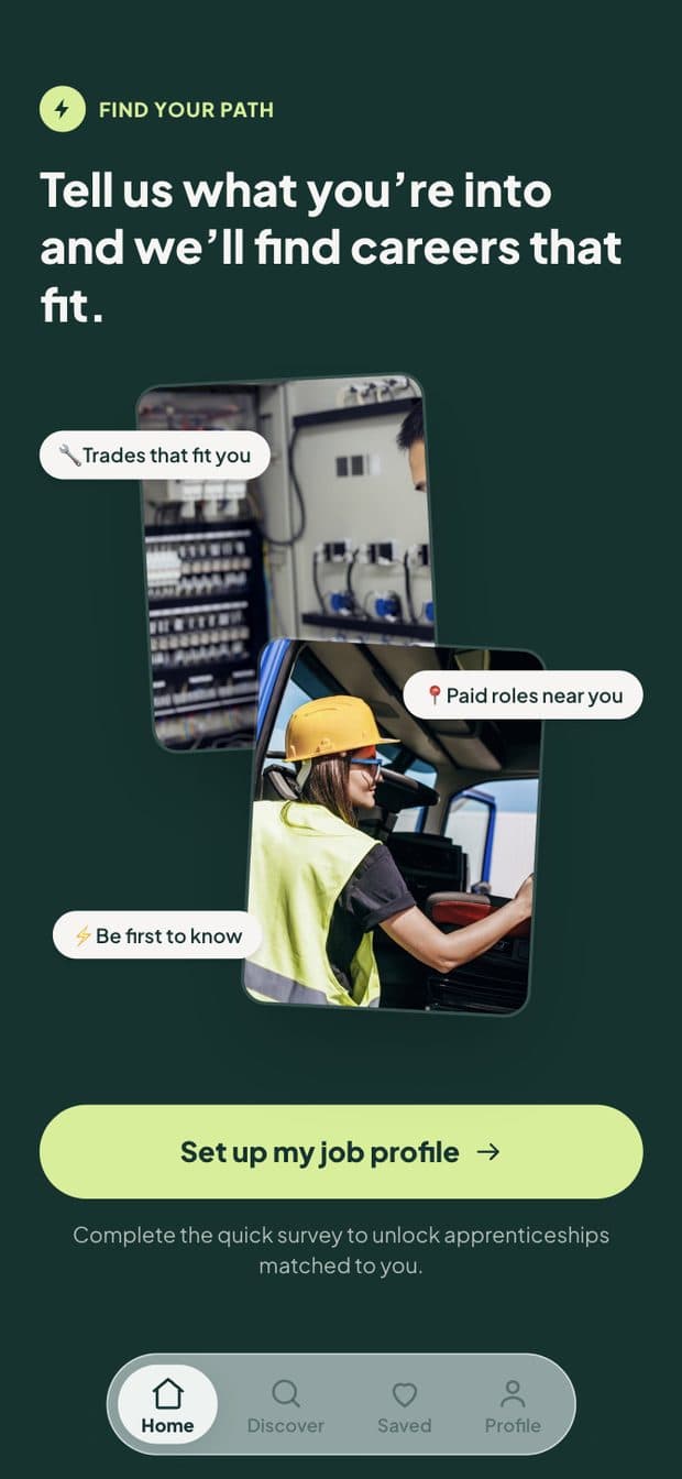 The Knack home screen for a new visitor: a Set up my job profile button under a prompt to complete the quick career survey and unlock matched apprenticeships.