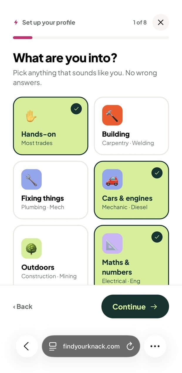Step 1 of 8 of the Knack profile survey, What are you into?, showing selectable interest cards such as Hands-on, Building, Fixing things and Cars and engines.